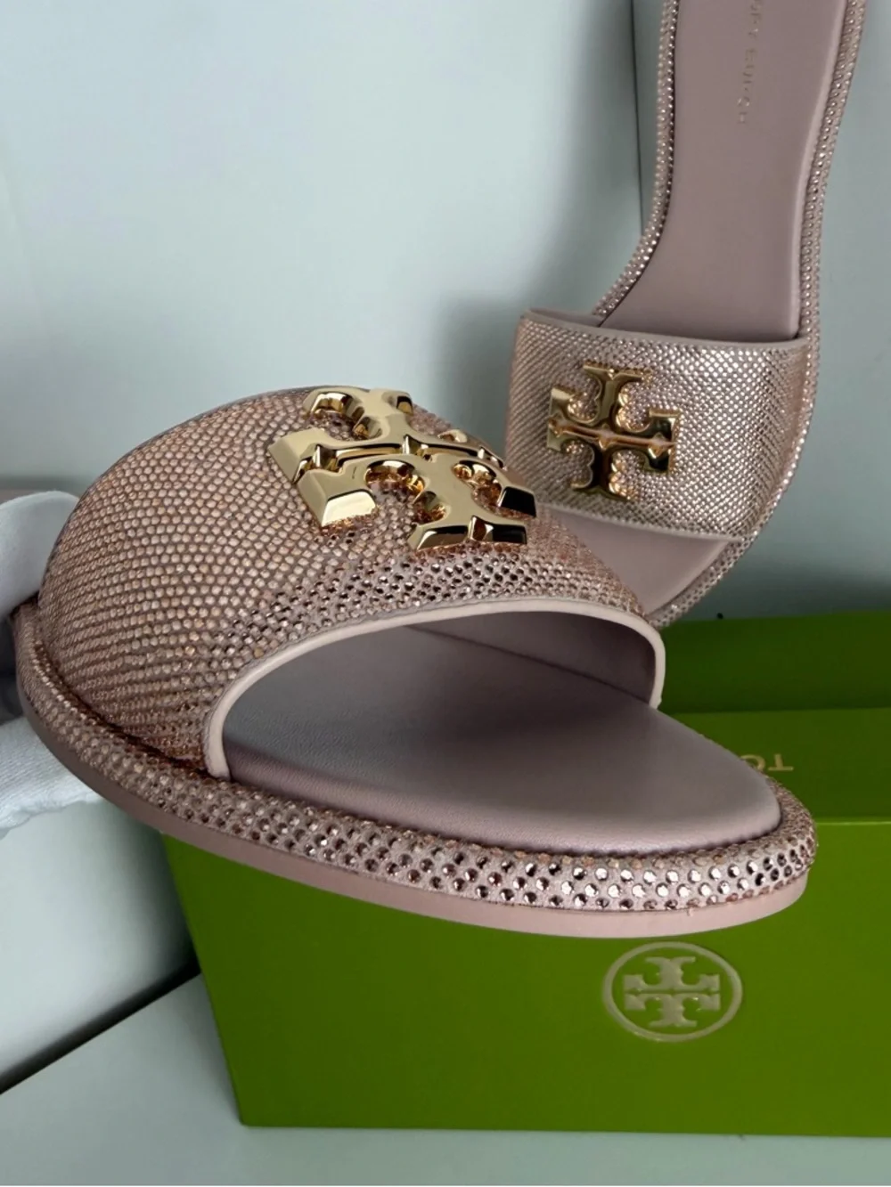 New Tory Burch Posy Pink Crystal Sandals - Picture 7 of 9